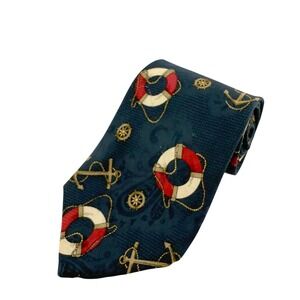 Vtg Stars Stripes Nautical Maritime Silk Tie Mens Anchor Life Ring Shipwheel USA